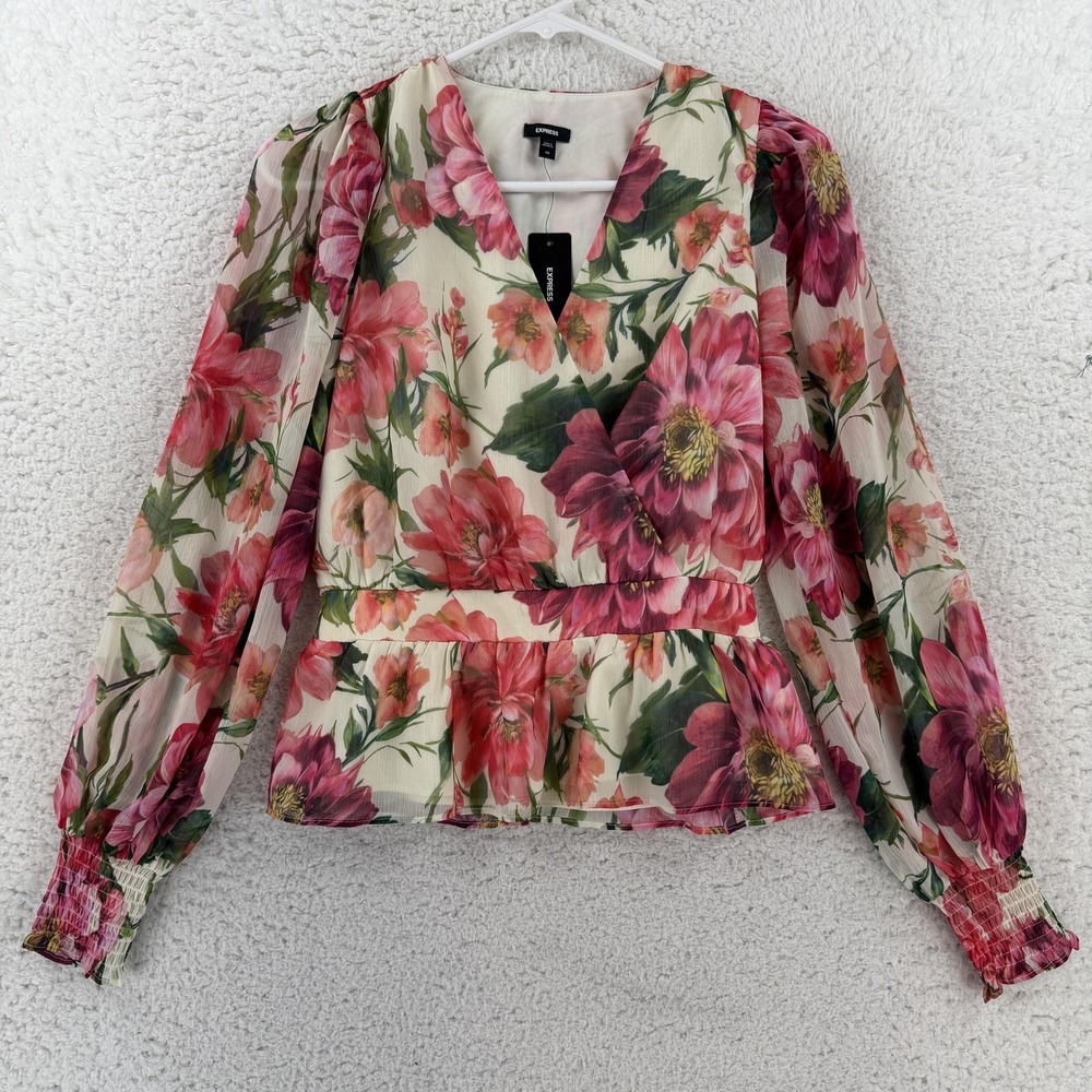Express Blouse Womens XS Multicolor Floral V Neck Long Puff Sleeve Top NWT
